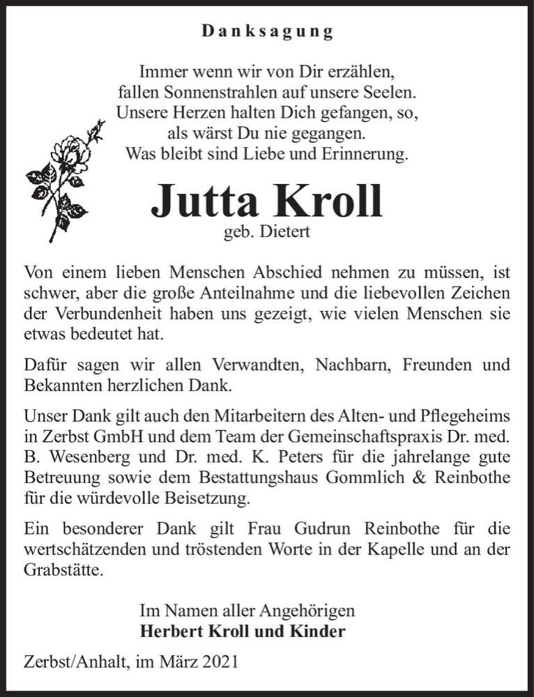  Traueranzeige für Jutta Kroll (geb. Dietert)  vom 13.03.2021 aus Magdeburger Volksstimme