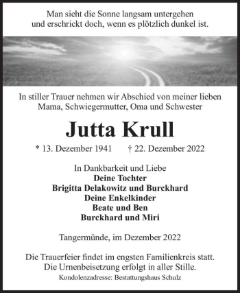 Traueranzeige von Jutta Krull  von Magdeburger Volksstimme