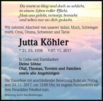 Traueranzeige von Jutta Köhler  von Magdeburger Volksstimme