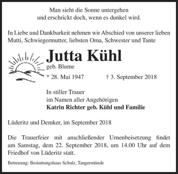 Traueranzeige von Jutta Kühl (geb. Blume)  von Magdeburger Volksstimme