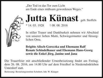 Traueranzeige von Jutta Künast (geb. Stoffels)  von Magdeburger Volksstimme