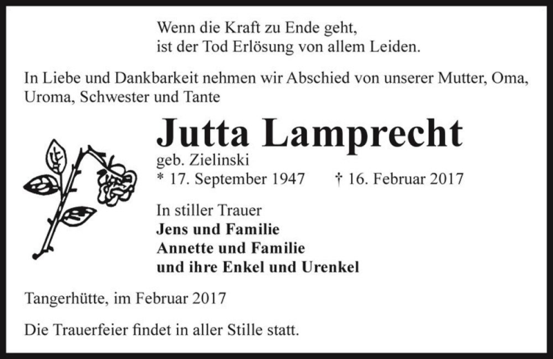  Traueranzeige für Jutta Lamprecht (geb. Zielinski)  vom 25.02.2017 aus Magdeburger Volksstimme