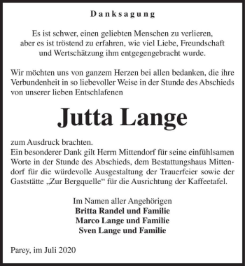 Traueranzeige von Jutta Lange  von Magdeburger Volksstimme