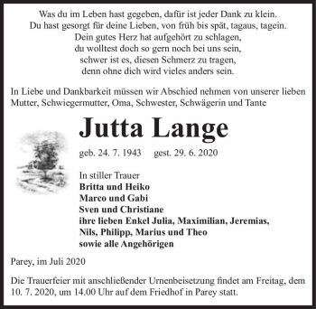 Traueranzeige von Jutta Lange  von Magdeburger Volksstimme