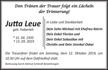 Traueranzeige von Jutta Leue (geb. Haberlah)  von Magdeburger Volksstimme