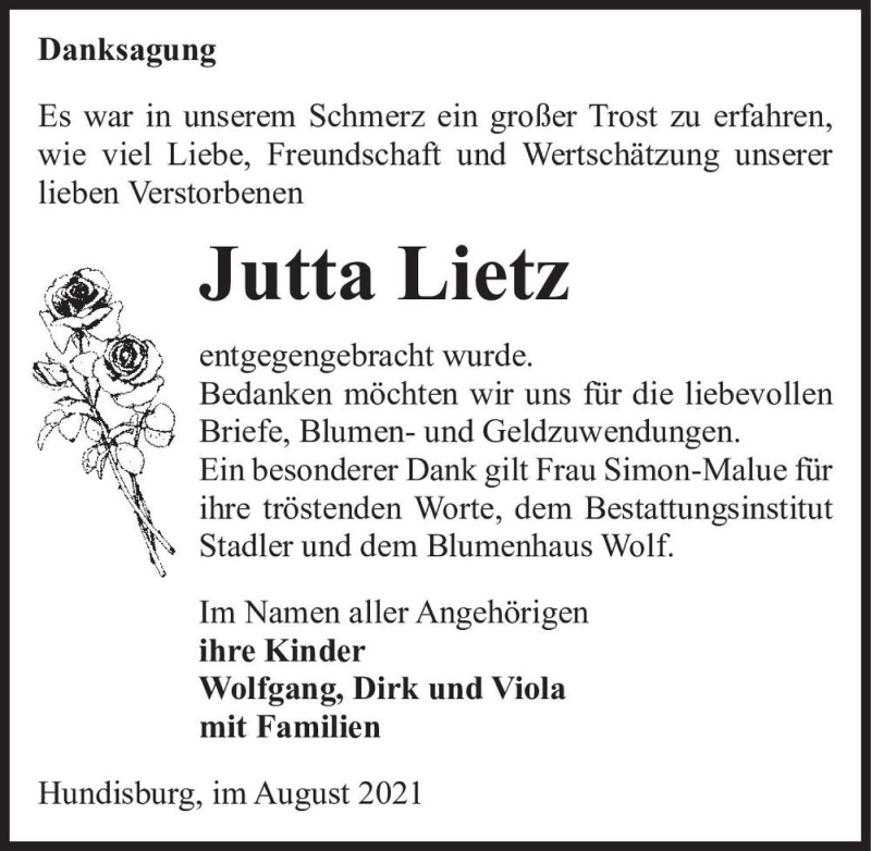  Traueranzeige für Jutta Lietz  vom 21.08.2021 aus Magdeburger Volksstimme