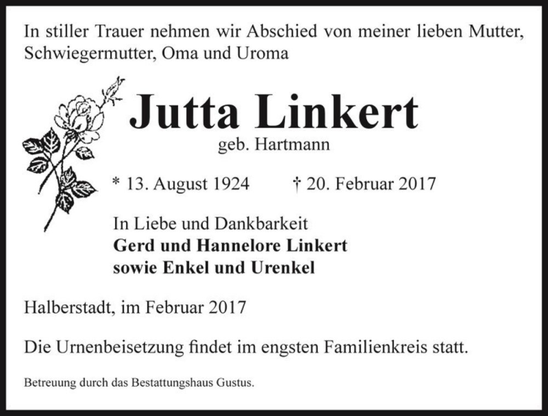  Traueranzeige für Jutta Linkert (geb. Hartmann)  vom 25.02.2017 aus Magdeburger Volksstimme
