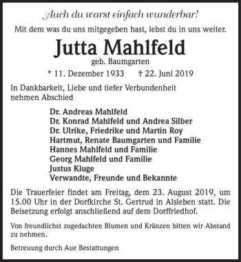 Traueranzeige von Jutta Mahlfeld (geb. Baumgarten)  von Magdeburger Volksstimme