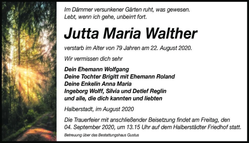  Traueranzeige für Jutta Maria Walther  vom 29.08.2020 aus Magdeburger Volksstimme
