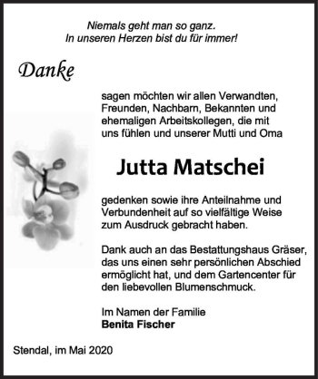 Traueranzeige von Jutta Matschei  von Magdeburger Volksstimme