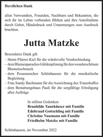 Traueranzeige von Jutta Matzke  von Magdeburger Volksstimme