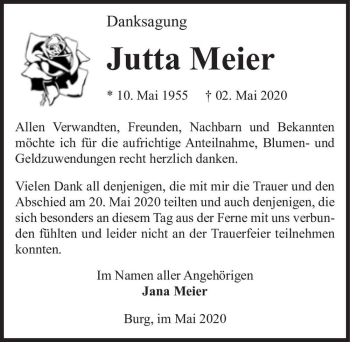 Traueranzeige von Jutta Meier  von Magdeburger Volksstimme