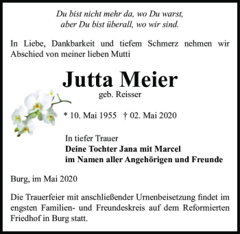 Traueranzeige von Jutta Meier (geb. Reisser)  von Magdeburger Volksstimme