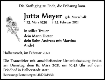 Traueranzeige von Jutta Meyer (geb. Marschalk)  von Magdeburger Volksstimme