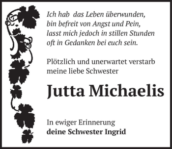 Traueranzeige von Jutta Michaelis  von Magdeburger Volksstimme