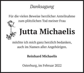 Traueranzeige von Jutta Michaelis  von Magdeburger Volksstimme
