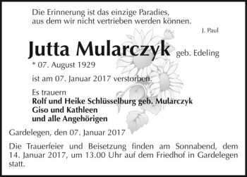 Traueranzeige von Jutta Mularczyk (geb. Edeling)  von Magdeburger Volksstimme