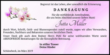 Traueranzeige von Jutta Müller  von Magdeburger Volksstimme