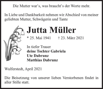 Traueranzeige von Jutta Müller  von Magdeburger Volksstimme