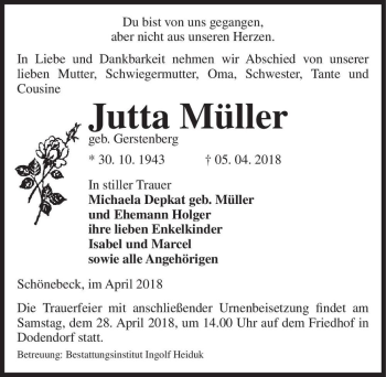 Traueranzeige von Jutta Müller (geb. Gerstenberg)  von Magdeburger Volksstimme