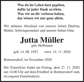Traueranzeige von Jutta Müller (geb. Hoffmann)  von Magdeburger Volksstimme