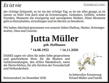 Traueranzeige von Jutta Müller (geb. Hoffmann)  von Magdeburger Volksstimme
