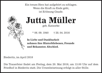 Traueranzeige von Jutta Müller (geb. Katzorke)  von Magdeburger Volksstimme
