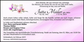 Traueranzeige von Jutta Müller (geb. Mehr)  von Magdeburger Volksstimme