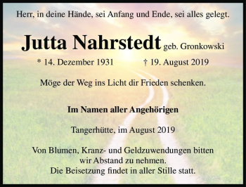Traueranzeige von Jutta Nahrstedt (geb. Gronkowski)  von Magdeburger Volksstimme