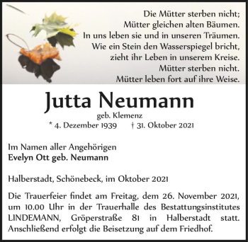Traueranzeige von Jutta Neumann (geb. Klemenz)  von Magdeburger Volksstimme