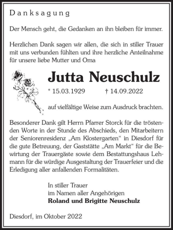 Traueranzeige von Jutta Neuschulz  von Magdeburger Volksstimme