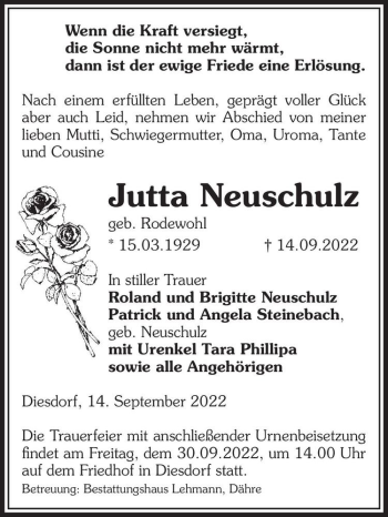 Traueranzeige von Jutta Neuschulz (geb. Rodewohl)  von Magdeburger Volksstimme
