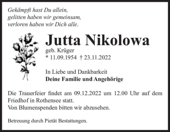 Traueranzeige von Jutta Nikolowa (geb. Krüger)  von Magdeburger Volksstimme