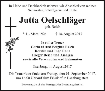 Traueranzeige von Jutta Oelschläger (geb. Reich)  von Magdeburger Volksstimme