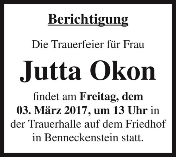 Traueranzeige von Jutta Okon  von Magdeburger Volksstimme