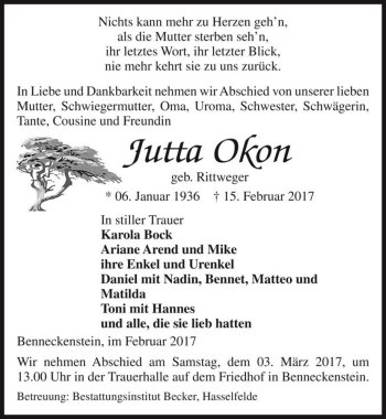 Traueranzeige von Jutta Okon (geb. Rittweger)  von Magdeburger Volksstimme