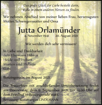 Traueranzeige von Jutta Orlamünder  von Magdeburger Volksstimme