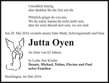 Traueranzeige von Jutta Oyen  von Magdeburger Volksstimme