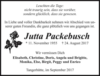 Traueranzeige von Jutta Packebusch  von Magdeburger Volksstimme