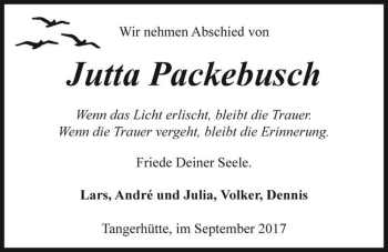 Traueranzeige von Jutta Packebusch  von Magdeburger Volksstimme