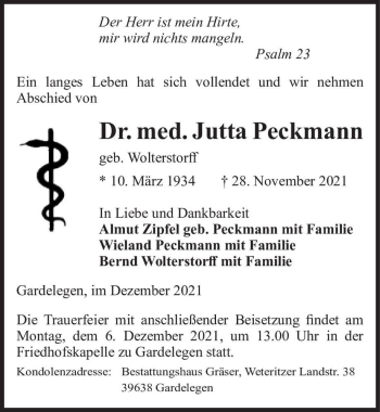 Traueranzeige von Jutta Peckmann (geb. Wolterstorff)  von Magdeburger Volksstimme