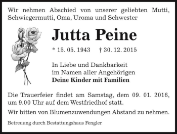 Traueranzeige von Jutta Peine  von Magdeburger Volksstimme