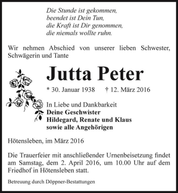 Traueranzeige von Jutta Peter  von Magdeburger Volksstimme
