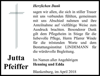 Traueranzeige von Jutta Pfeiffer  von Magdeburger Volksstimme