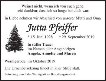 Traueranzeige von Jutta Pfeiffer  von Magdeburger Volksstimme
