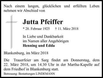 Traueranzeige von Jutta Pfeiffer  von Magdeburger Volksstimme