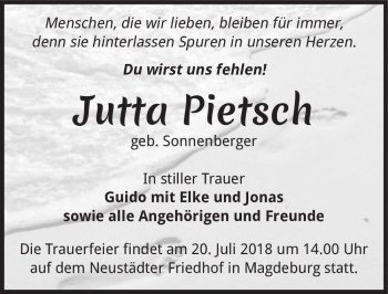 Traueranzeige von Jutta Pietsch (geb. Sonnenberger)  von Magdeburger Volksstimme