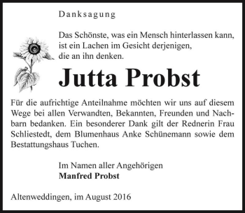 Traueranzeige von Jutta Probst  von Magdeburger Volksstimme