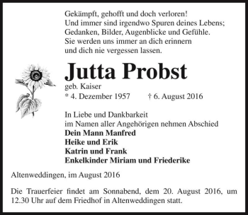 Traueranzeige von Jutta Probst (geb. Kaiser)  von Magdeburger Volksstimme