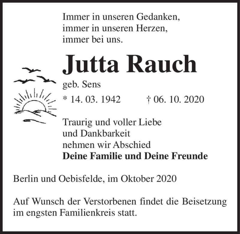  Traueranzeige für Jutta Rauch (geb. Sens)  vom 17.10.2020 aus Magdeburger Volksstimme